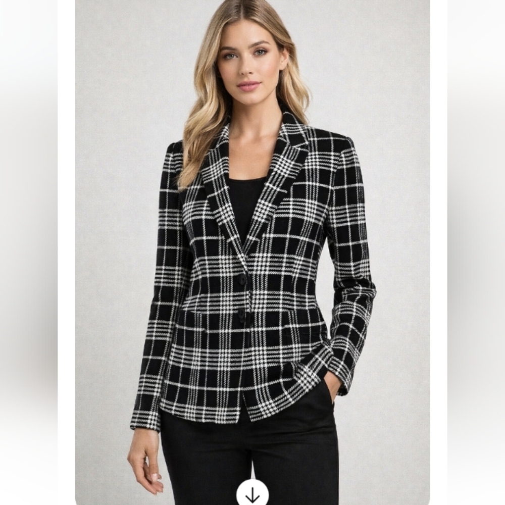 Rachel Roy Collection Plaid Blazer Size 8 Black White Tailored Career Jacket